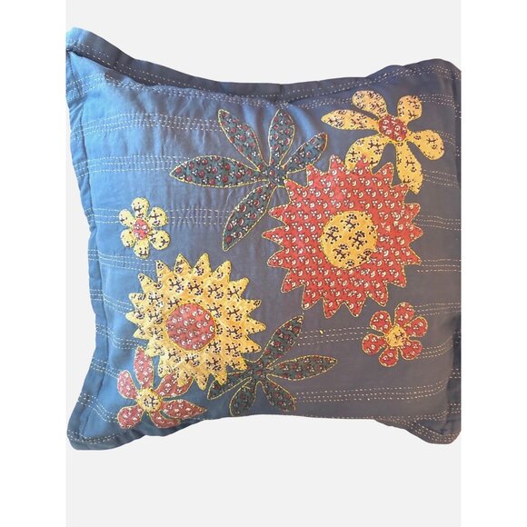 Vintage Floral Kantha Embroidered Pillow Sham Cotton Cushion Cover 18" X 18" - Picture 1 of 7